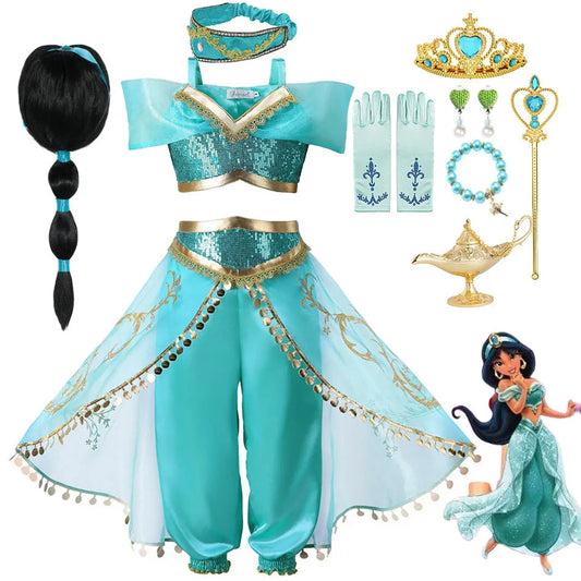 Disney Girls Jasmine Dress Aladdin Princess Magic Lamp Carnival Clothing Vestidos Halloween Party Cosplay Costume [COS]