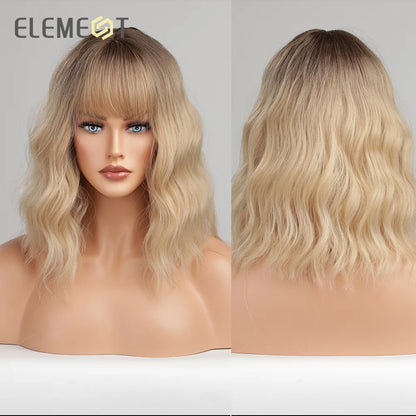 ELEMENT 16 Inch Ombre Golden Blonde Loose Curly Hair Wig with Bangs Lolita Cosplay Party Daily Wigs for Women [LOL]