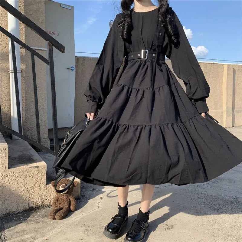 QWEEK Gothic Style Dress Women Harajuku Gothic Lolita Goth Kawaii Dress Punk Cute Long Sleeve Black Midi Dress 2021 Emo Oversize [LOL]