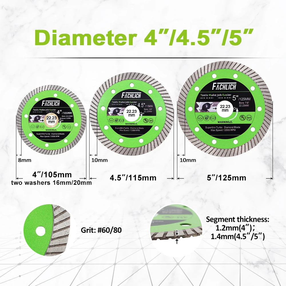 FACHLICH 1pc 4/4.5/5 Inch Super-Thin Diamond Turbo Cutting Saw Blades Ceramic Cut Tile Granite Marble Cutting Disc 105/115/125mm [TPT]