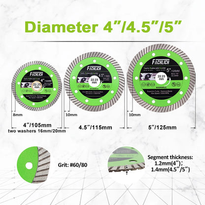 FACHLICH 1pc 4/4.5/5 Inch Super-Thin Diamond Turbo Cutting Saw Blades Ceramic Cut Tile Granite Marble Cutting Disc 105/115/125mm [TPT]