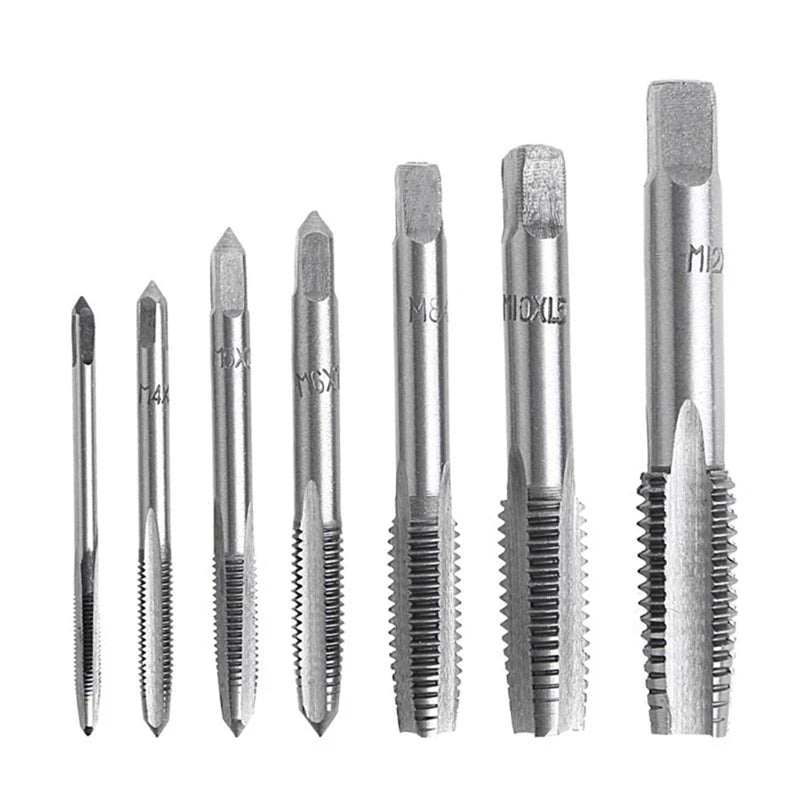 7Pcs M3-M12 Metric HSS Right Hand Machine Straight Fluted Screw Thread Tap Set Metric Plug Tap Drill Bits Set Hand Tools [PTO]