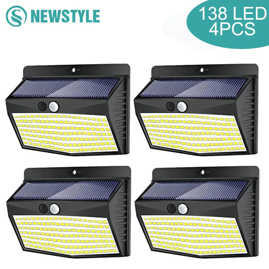 138 LED Solar Light Outdoor 4PCS Solar Wall Lamp Human Body Sensor 3 Mode Waterproof Garden Decor Street Lights Sunlight Powered [SLG]