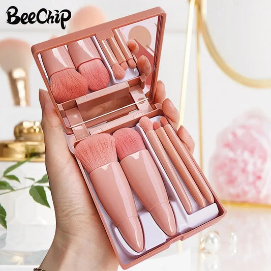 5 PCs Cosmetic Brush Portable Makeup Brush Travel With Mirror Box Makeup Set Brush Loose Brush Blush Brush Eyeshadow Brush [CSM]