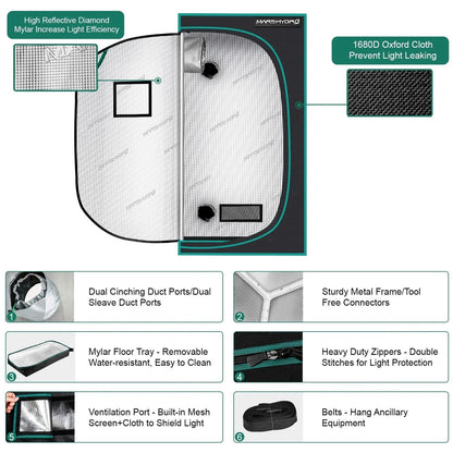 Hydro 1680D 70x70x160cm Grow Tent Diamond Reflective Mylar, Indoor Hydroponics Grow Tent (27''x27''x63'') [GAR]