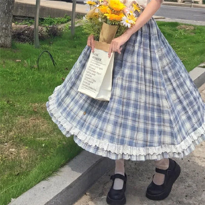 Japanese Lolita Style Women Skirt High Waist Vintage Plaid Buttons Skirt Elegant Ruffles Cute Kawaii Midi Self-Made Cotton Skirt [LOL]