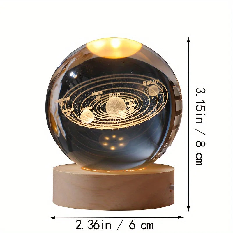 6cm 3D Crystal Ball Glass Planet LED Warm Night Light Laser Engraved Solar System Globe Universe Birthday Gift Wooden Base [SLG]