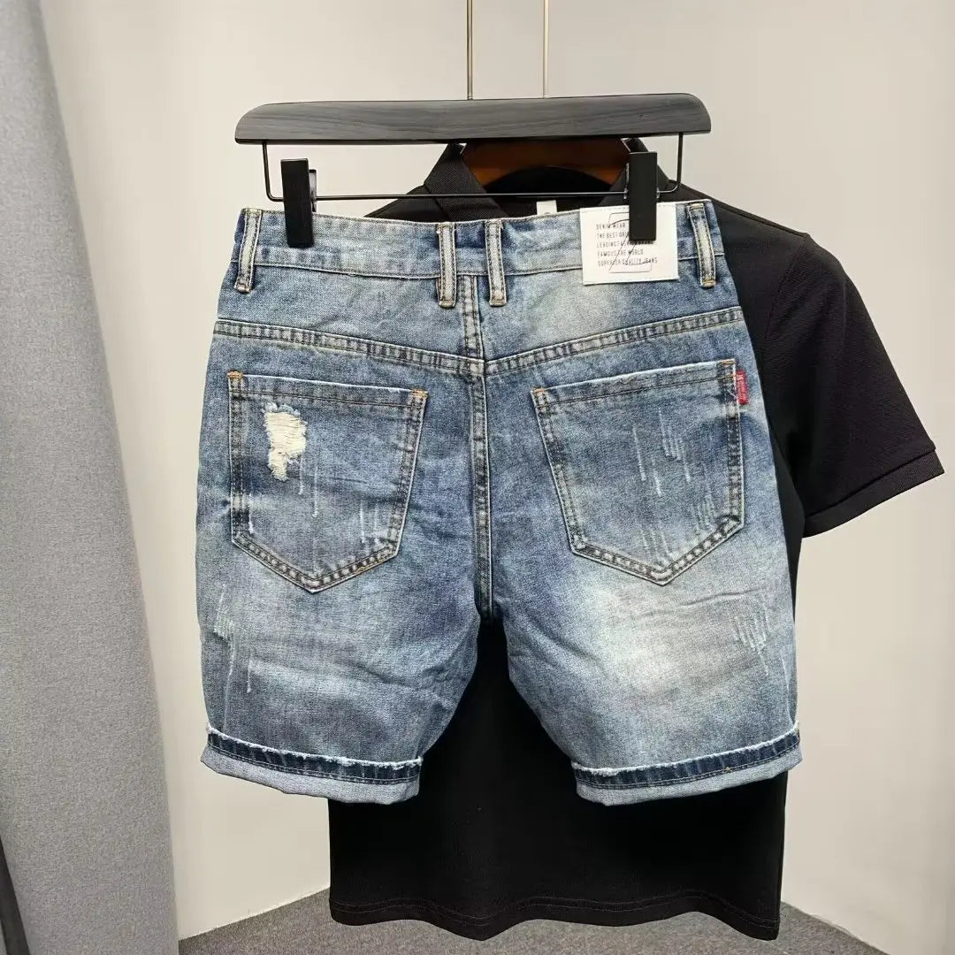 Men's Loose Fitting Straight Hole Denim Shorts Fashion Brand Summer Cut Torn Jeans Shorts [MEN]