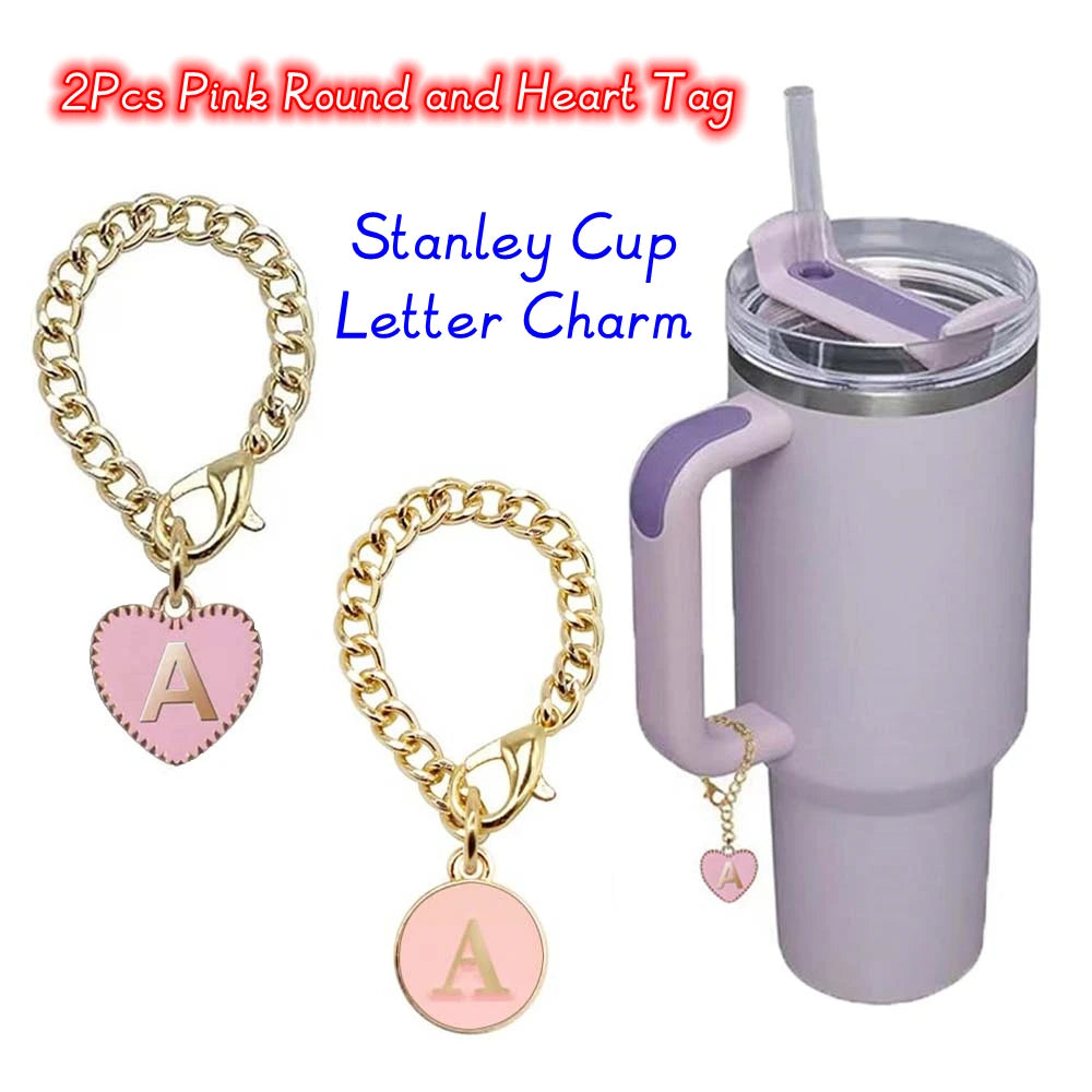 New 2Pcs Letter Charm Accessories Pink Heart Shaped Personalized Name ID Round Handle Initial Charms Tag For Stanley Cup Tumbler [MUG]