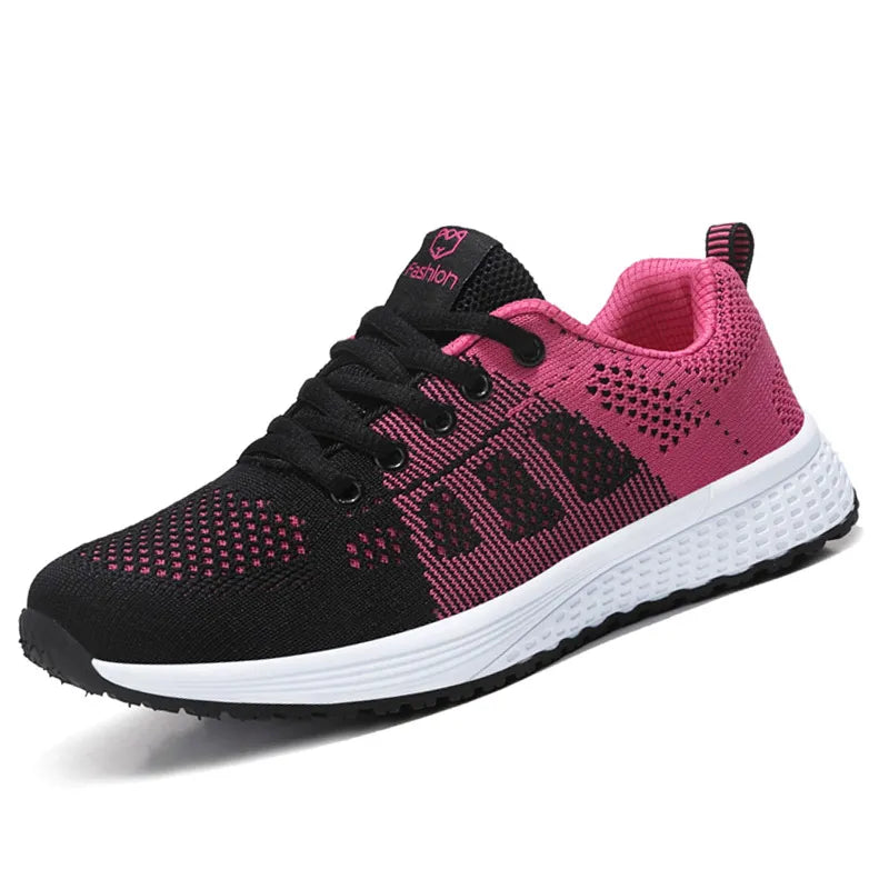 Women Casual Shoes Breathable Walking Mesh Lace Up Flat Shoes Sneakers Women Tenis Feminino Pink Black White [SHO]