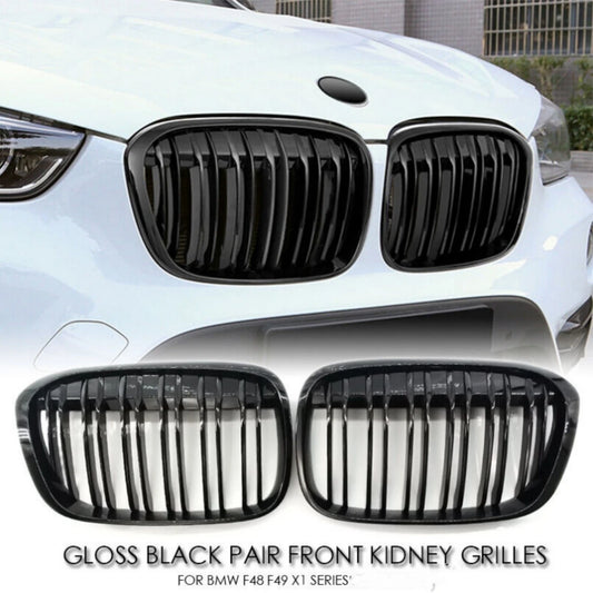 Double Line Car Front Bumper Kidney Grill Grilles For BMW X1 F48 F49 2016 2017 2018 2019 2020 M Style Racing Grille Glossy Black [BDK]