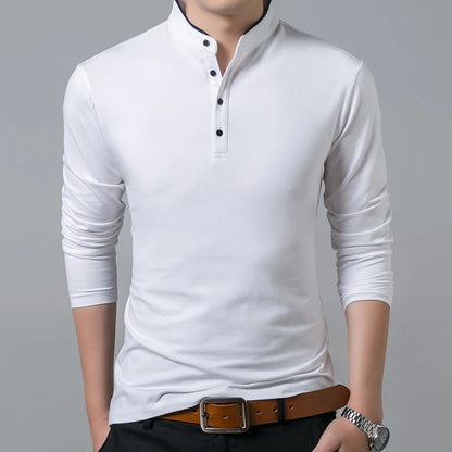 Men's Business Casual Polo Long Sleeve T-shirt Summer Comfortable and Breathable Solid Cotton Top [TSH]