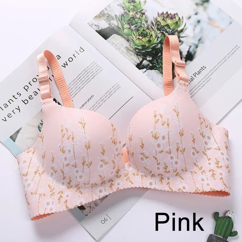 Women Flower Print Seamless Bra Sexy Lingerie Floral Push Up Bras One-Piece Underwear [UND]