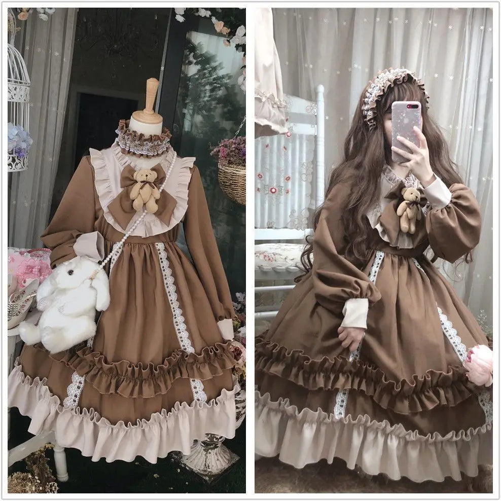 Japanese Gothic Vintage Lolita Dress for Women Cute Bow Bear Lace Blue Dresses Long Sleeve Princess Dress Halloween Costume [LOL]