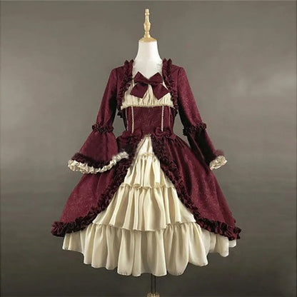 Wepbel Vintage Gothic Court Dress Bow Lolita Dresses Medieval Square Collar Waist Hugging Stitching Ruffle Cute Puffy Dress [LOL]