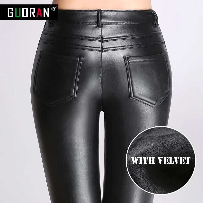 Causal women leather pants high waist skinny warm thicken patchwork office pencil pants female trousers leggings clothe 4XL [WOM]