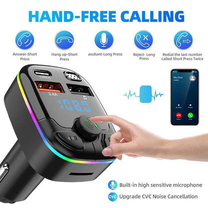 Car Bluetooth 5.0 FM Transmitter PD Type-C Dual USB 3.1A Fast Charger Colorful Ambient Light Handsfree MP3 Modulator Player [CAR]