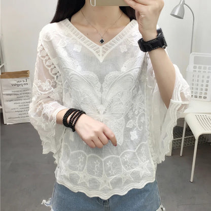 New Spring Summer Embroidery Lace Blouse Flare Sleeve Hollow Out Women Shirt O-Collar Casual Female Tops Ladies Clothing 25897 [WOM]