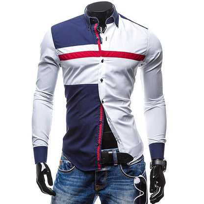 Men Long Sleeve Shirt 2023 Spring Striped Shirts Slim Fit Male Casual Social Patchwork Shirt Turn-down Collar Camisa Masculina [MEN]