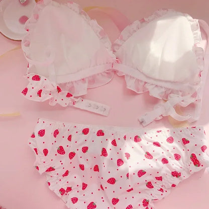 Strawberry / Print Japanese Milk Silk Bra & Panties Set Wirefree Soft Underwear Intimates Set Kawaii Lolita Bra and Panty Set [LOL]