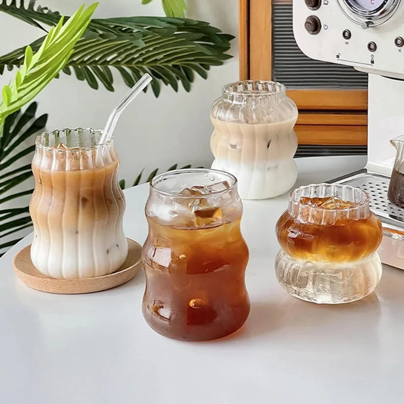 Ins Glass Cup Heat-resistant Tumbler Drinkware Transparent Tea Juice Milk Coffee Mug Home Water Glasses Stripe Mug 410/650/530ml [MUG]