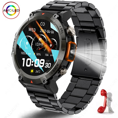 New Outdoor Sports Smart Watch Flashlight 1.45 AMOLED Screen Bluetooth Call For Men Fitness Tracker SmartWatch Android IPhone IOS [SWH]