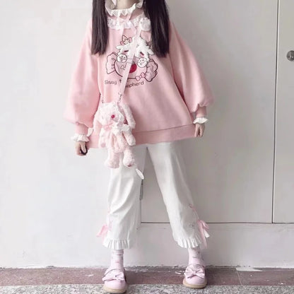 2024 Spring Women Lace Neck Cute Hoodies Harajuku Kawaii Sweatshirt Lolita Girl Pink Pullover Lamb And Candy Embroidery Sudadera [LOL]