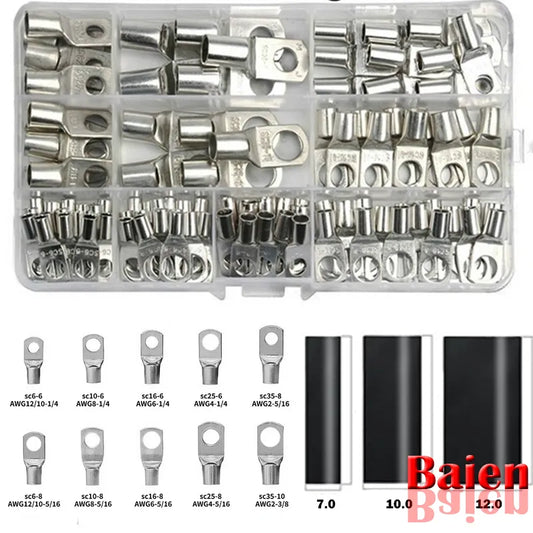 60/240PCS Ring Terminal Cable Shoes Lugs 35mm2 Tinned Copper Lug Wire eye Connectors Bare 60 Terminals Lugs Wire Copper Kit [SHO]