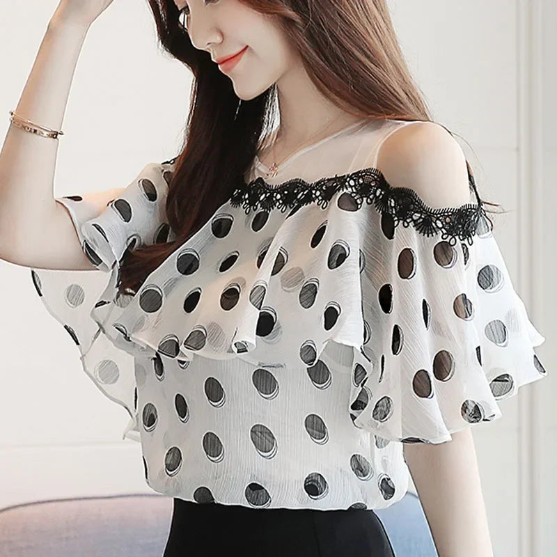 Summer Fashion Shirts Women Elegant Short Sleeve Ladies Tops Sweet Polka Dot Chiffon White Blouse Casual Loose New Blusas 0611 [WOM]