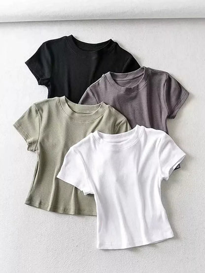 Summer Sexy Women O-neck Short-sleeve T-shirt Slim Elastic Skinny Crop Tops [TSH]