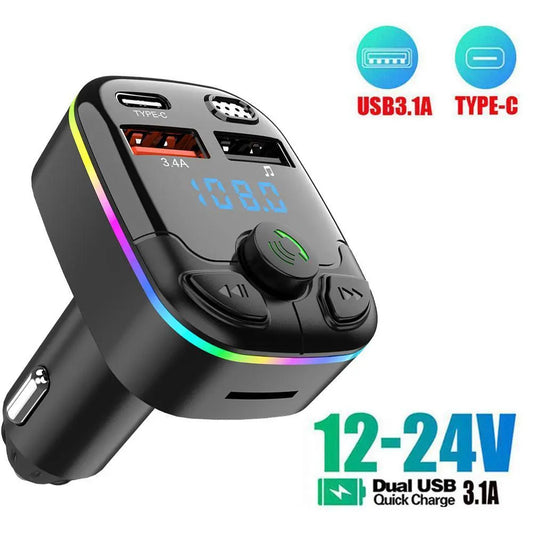 Car Bluetooth 5.0 FM Transmitter PD Type-C Dual USB 3.1A Fast Charger Colorful Ambient Light Handsfree MP3 Modulator Player [CAR]