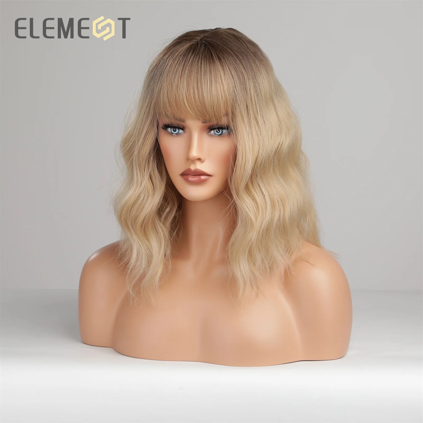 ELEMENT 16 Inch Ombre Golden Blonde Loose Curly Hair Wig with Bangs Lolita Cosplay Party Daily Wigs for Women [LOL]