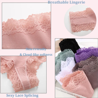 3PCS Lace Seamless Cotton Panties Ribbed Brazilian Pants Low Waist Women Panties Breathable Girls Underwear Plus Size Lingerie [UND]