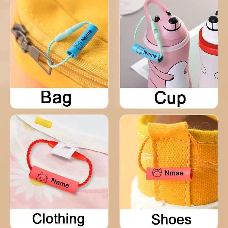 20pcs Customized Name Ring Pendant Baby Shoes School Bag Cup Clothes Name Tag Waterproof Hang Tag Rope Baby Name Circle for Kids [OFF]