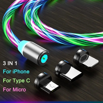 MVQF 3in1 Magnetic Flow Luminous Lighting Charging Mobile Phone Cable Cord Charger Wire for iPhone Samsung LED Micro USB Type C [MOB]