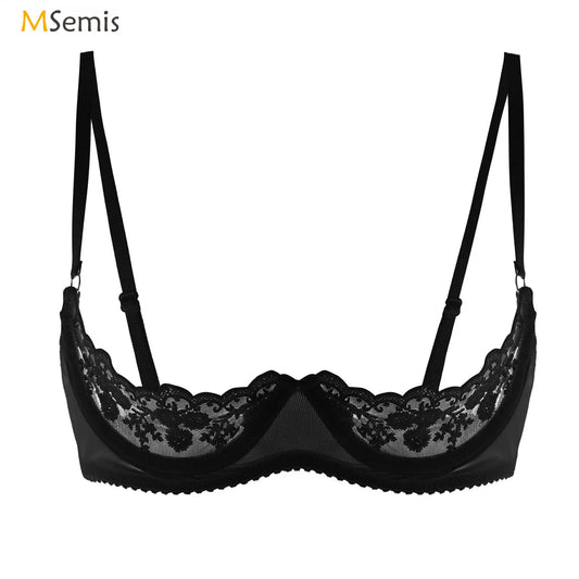 Women Lace Half Cup Bra Underwired Open Nipple Push Up Cupless Exposed Breasts Underwired See Through Sheer Lace Sexy Exotic Bra [GRM] [UND]