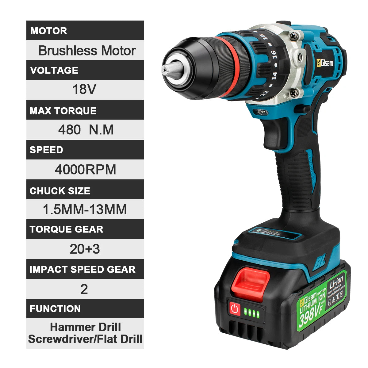 18V 13mm 480N.M Brushless Electric Impact Drill Cordless Drill Electric Screwdriver DIY Driver Power Tool for Makita 18V Battery [PTO]