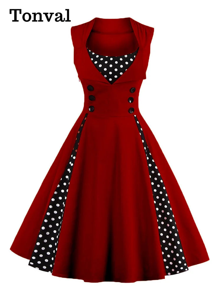 Tonval Elegant Polka Dot Sleeveless Pinup Vintage Retro Dress Women Button High Waist Summer Party 4XL 5XL Cotton Dresses [WOM]