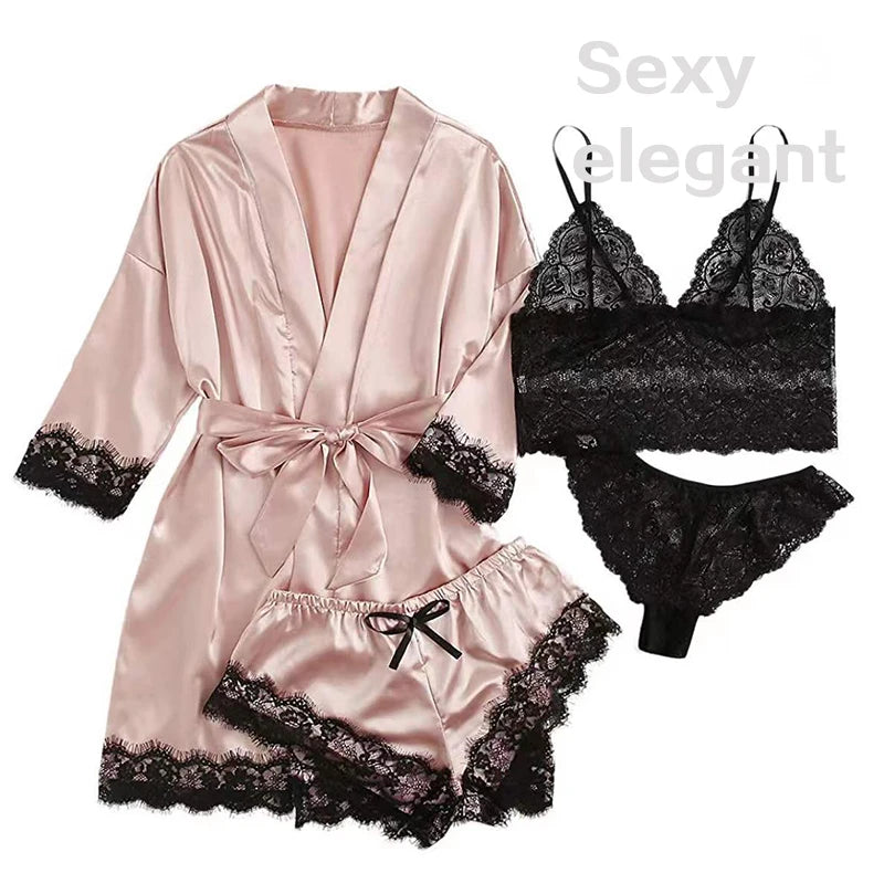 4 Pieces Woman Sleepwear Pajamas Ser With Robe Sexy Lace Lingerie Bathrobe Silk Satin Home Clothed Nightwear Robe [UND]