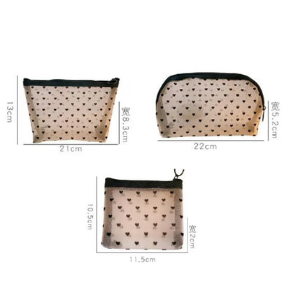 Mesh Cosmetic Makeup Bags Case Holder Cute Transparent Zipper Black Heart Printed Pencil Pen Case Pouch Convenient To Carry [CSM]