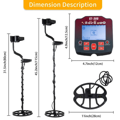 Treasure Hunter GT380 Professional Underground Gold Metal Detector 400 Scanner Finder Digger Waterproof 11" Coil Tool Pinpointer [MTL]