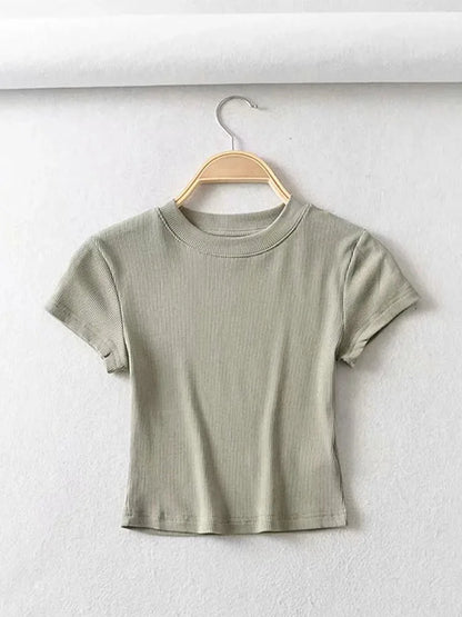 Summer Sexy Women O-neck Short-sleeve T-shirt Slim Elastic Skinny Crop Tops [TSH]