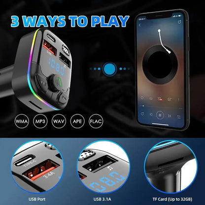 Car Bluetooth 5.0 FM Transmitter PD Type-C Dual USB 3.1A Fast Charger Colorful Ambient Light Handsfree MP3 Modulator Player [CAR]