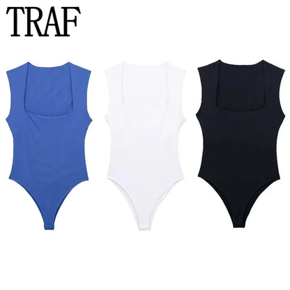 TRAF Woman Black Body Sleeveless Bodysuit Women Square Neck Sexy Lingerie For Women Body Wide Straps Bodycon Summer Tops [UND]