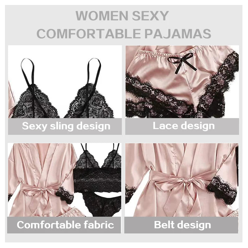 4 Pieces Woman Sleepwear Pajamas Ser With Robe Sexy Lace Lingerie Bathrobe Silk Satin Home Clothed Nightwear Robe [UND]