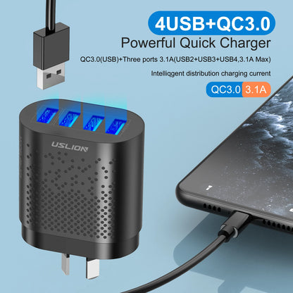 USLION AU 48W 4 ports Charger Travel Fast Charger USB Type C Quick Charger Australian Plug Mobile Phone Charger For iPhone Sony [MOB]