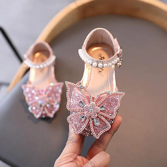 Summer Girls Sandals Fashion Sequins Rhinestone Bow Girls Princess Shoes Baby Girl Shoes Flat Heel Sandals Size 21-35 [SHO]