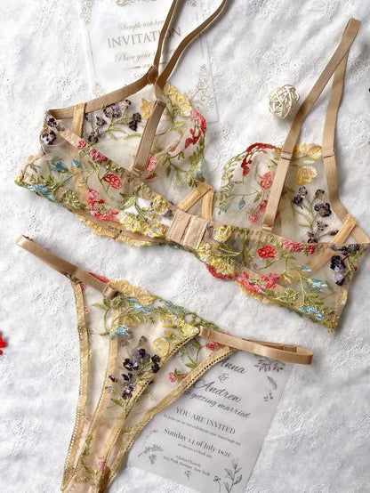 Yimunancy Floral Embroidery Lingerie Set Women Sheer 2-Piece Boho Bra + Panty Underwear Set Intimates [UND]