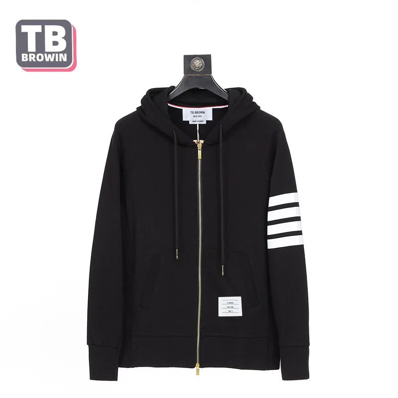 TB BROWIN luxury men's trend sports casual four bars striped cotton sweater zipper Long Sleeve hoodie cardigan tide brand coat [MEN]