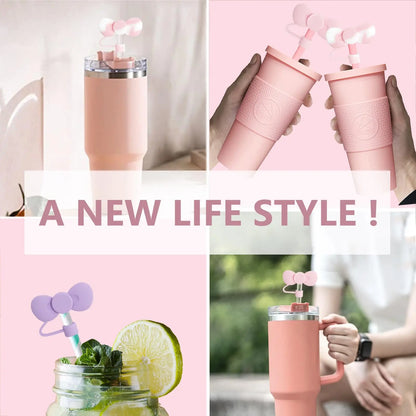 Lovely Bow Straw Covers Cap Toppers Compatible with Stanley 30&40 oz Tumbler Cups,Reusable Cute Silicone Straw Tips Lids Protect [MUG]